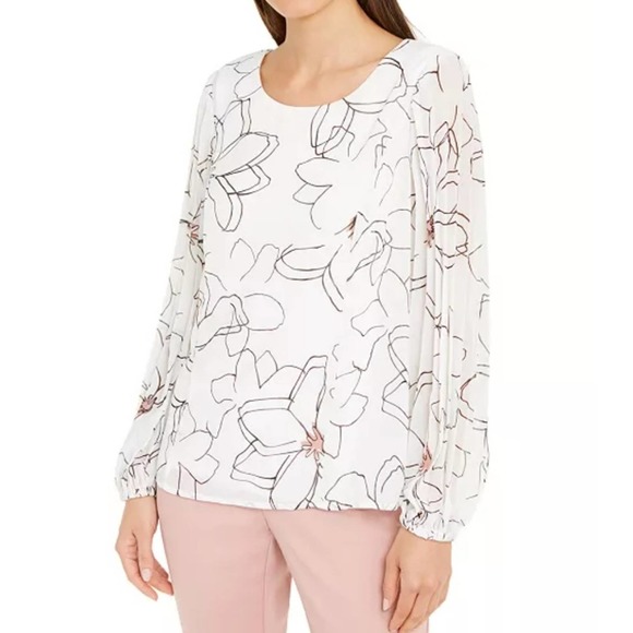 Alfani Floral Print Pleat Sleeve Top Petite Large - Picture 6 of 13